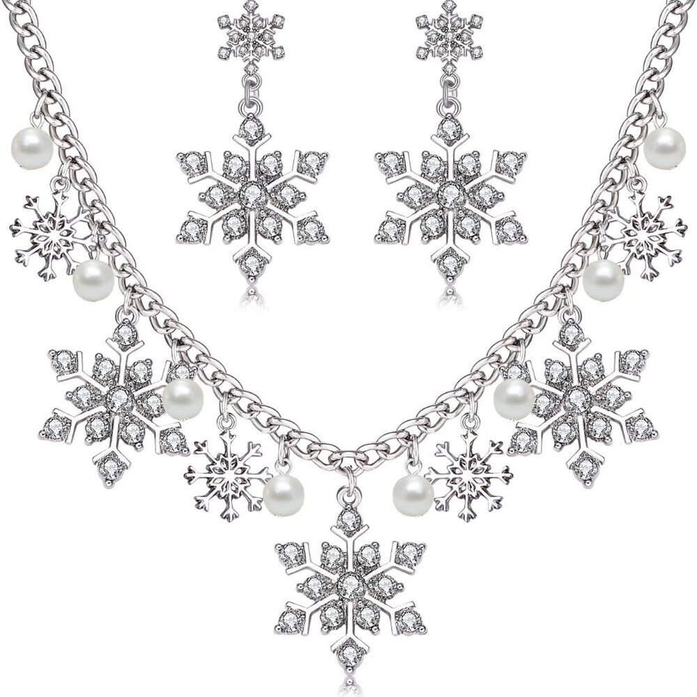 Christmas Necklace Colorful Sparkly Rhinestone Pearl Snowflake Charm Collar Neck
